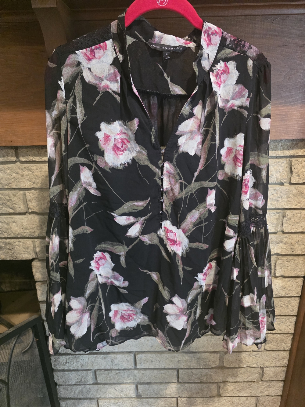 White House Black Market Black Floral Split-Neck Bell Sleeve Top - Picture 2 of 6